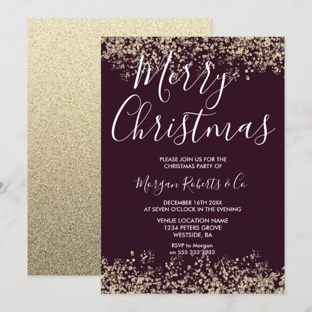 Burgundy & Gold Glitter Merry Christmas Party Invitation (Front/Back)