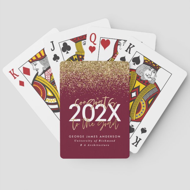 burgundy gold glitter modern script graduation playing cards (Back)