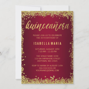 Burgundy Gold Glitter Quinceanera 15th Birthday Invitation