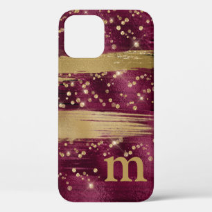 Burgundy Gold Glitter Script Monogrammed iPhone 12 Case