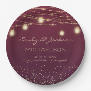Burgundy Gold Glitter String Light Lantern Wedding Paper Plate