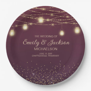 Burgundy Gold Glitter String Light Wedding Paper Plate