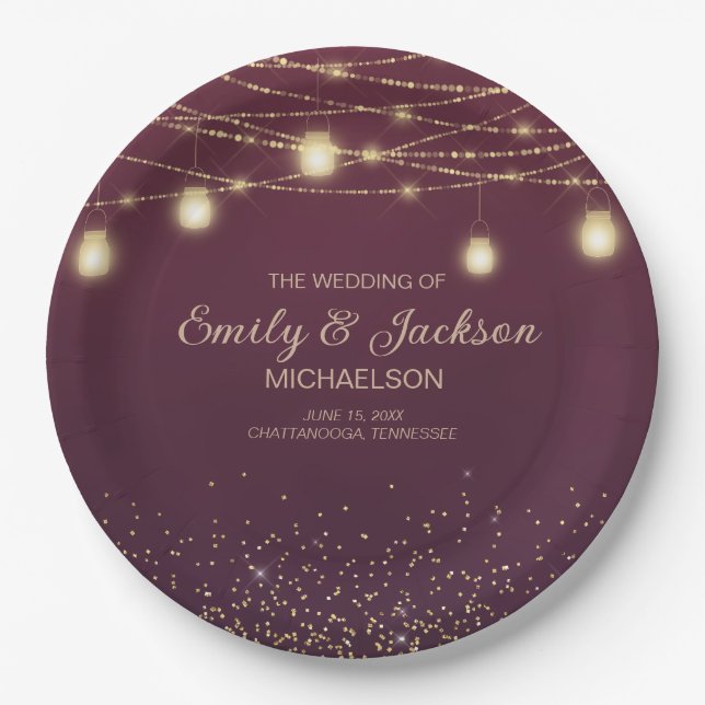 Burgundy Gold Glitter String Light Wedding  Paper Plate (Front)