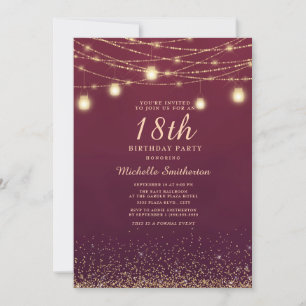 Burgundy Gold Glitter String Lights Formal 18th Invitation