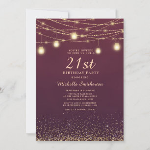 Burgundy Gold Glitter String Lights Formal 21st Invitation