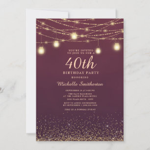 Burgundy Gold Glitter String Lights Formal 40th Invitation