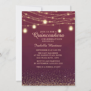Burgundy Gold Glitter String Lights Quinceañera Invitation