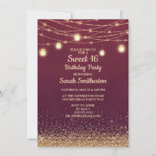 Burgundy Gold Glitter String Lights Sweet 16 Invitation