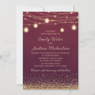 Burgundy Gold Glitter String Lights Wedding Invitation