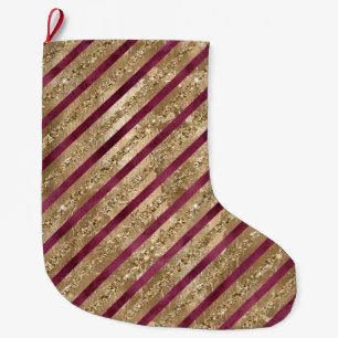 Burgundy Gold Glitter Stripes  Large Christmas Stocking