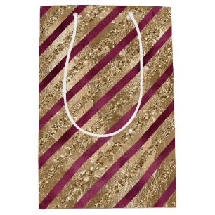 Burgundy Gold Glitter Stripes  Medium Gift Bag