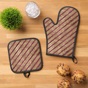 Burgundy Gold Glitter Stripes Oven Mitt & Pot Holder Set
