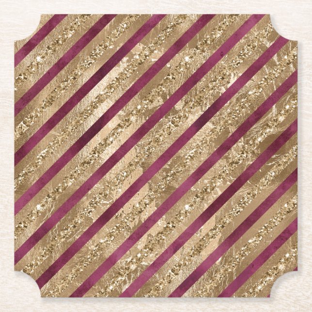 Burgundy Gold Glitter Stripes  Paper Coaster (Front)