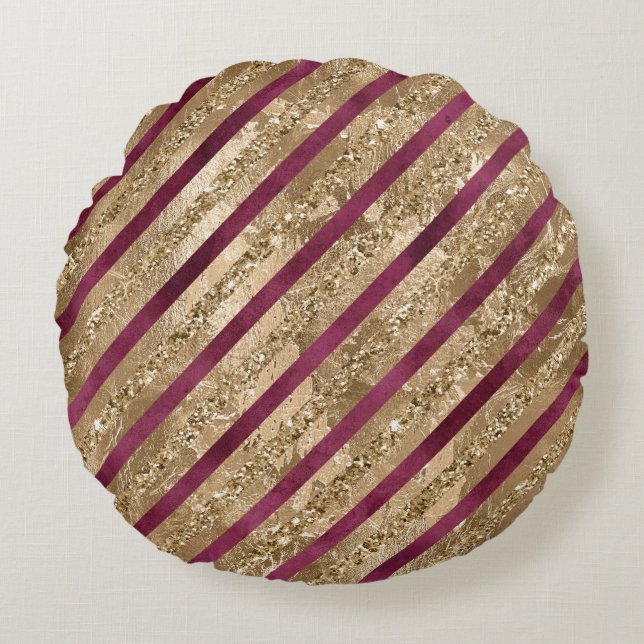 Burgundy Gold Glitter Stripes  Round Cushion (Front)