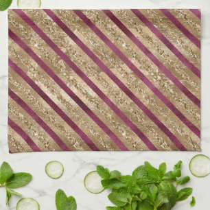 Burgundy Gold Glitter Stripes  Tea Towel