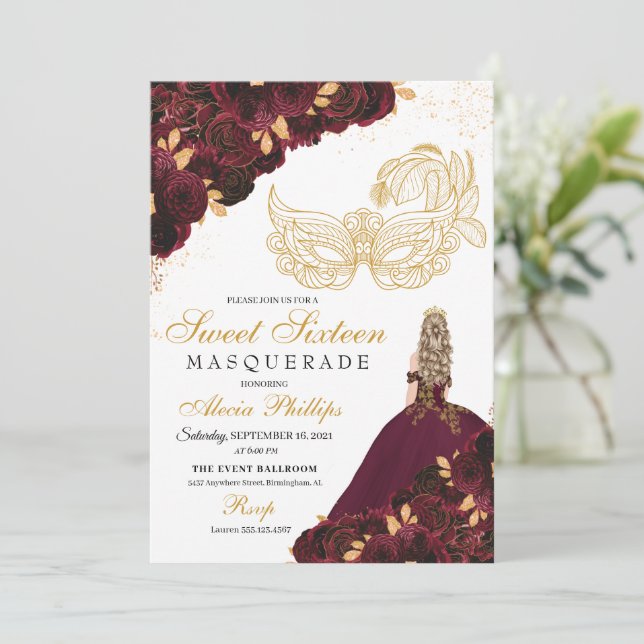 Burgundy Gold Glitter Sweet 16 Masquerade Invitation (Standing Front)
