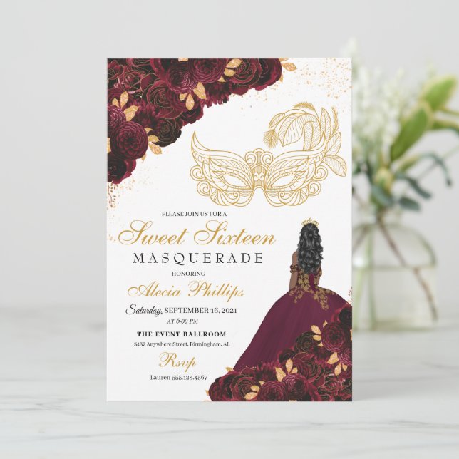 Burgundy Gold Glitter Sweet 16 Masquerade Invitation (Standing Front)