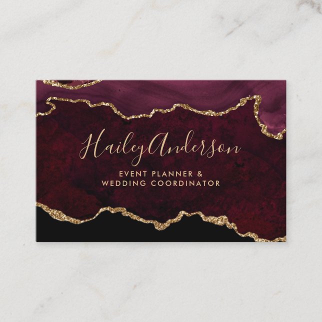 Burgundy & Gold Glitter Watercolor Gilded Agate Business Card (Front)