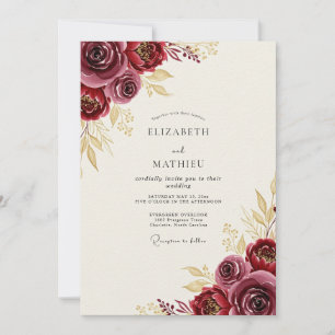 Burgundy Gold Graceful Autumnal Wedding Invitation