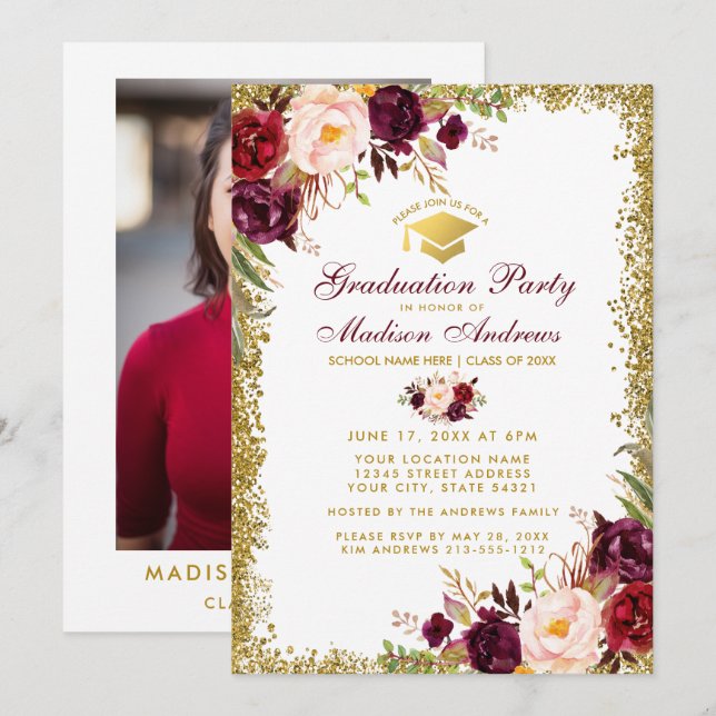 Burgundy Gold Grad Party Invite - Photo Back (Front/Back)