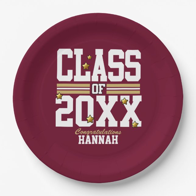 Burgundy|Gold Graduating Class Year Paper Plate (Front)