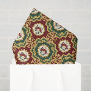 Burgundy Gold Green Decoupage Tissue, Floral Tissue Paper