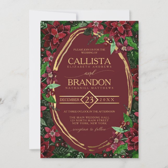Burgundy Gold Green Poinsettia Ivy Floral Wedding Invitation (Front)
