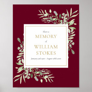 Burgundy Gold Greenery Funeral Share A Memory Sign