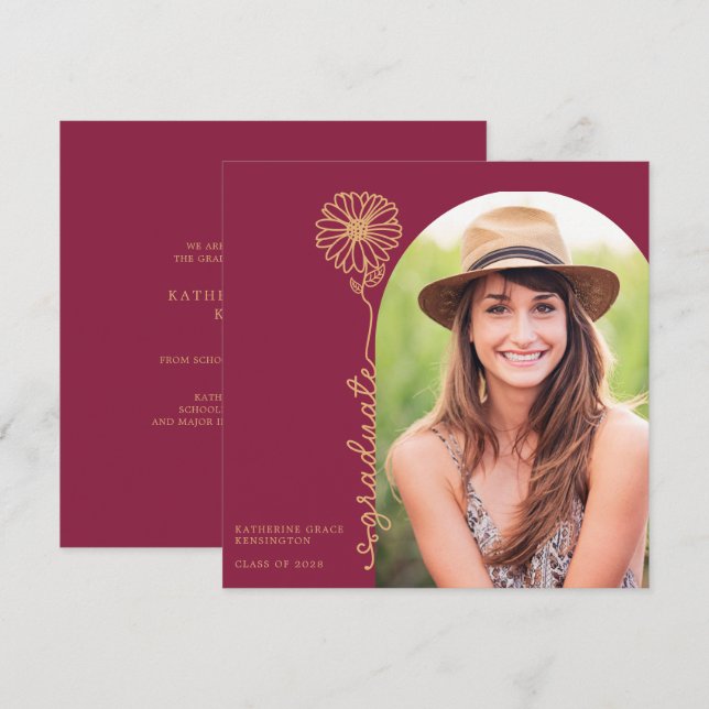 Burgundy Gold Handwritten Floral Photo Graduation Invitation (Front/Back)