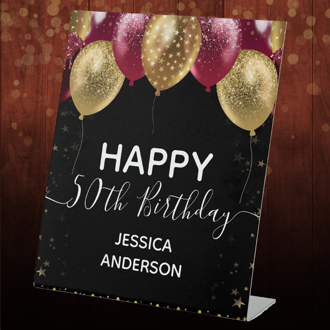 Burgundy Gold Happy 50th Birthday Pedestal Sign (Creator Uploaded)