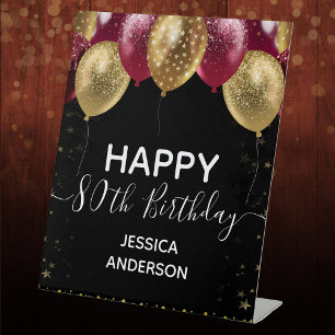 Burgundy Gold Happy 80th Birthday Pedestal Sign