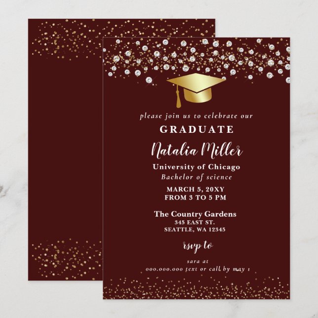 Burgundy Gold Hat Glitter Rhinestone Graduation Invitation (Front/Back)