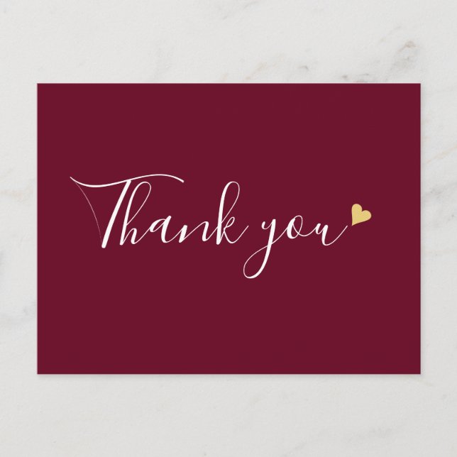 Burgundy Gold Heart Script Business Thank You Postcard (Front)