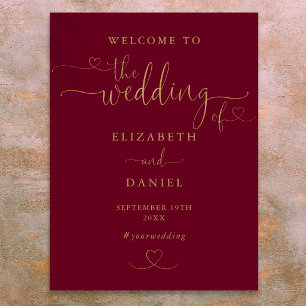 Burgundy Gold Heart Script Wedding Welcome Sign