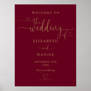 Burgundy Gold Heart Script Wedding Welcome Sign