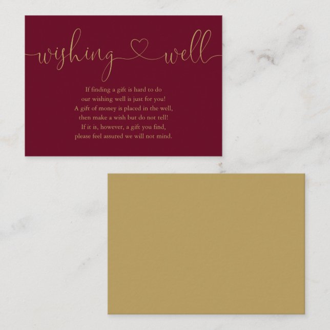 Burgundy Gold Heart Script Wishing Well Wedding Enclosure Card (Front/Back)