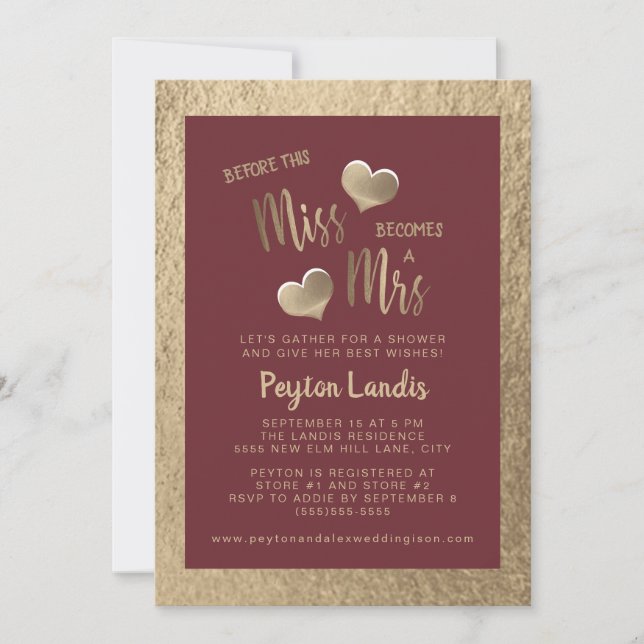Burgundy Gold Hearts Miss Mrs Casual Bridal Shower Invitation (Front)