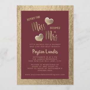 Burgundy Gold Hearts Miss Mrs Casual Bridal Shower Invitation