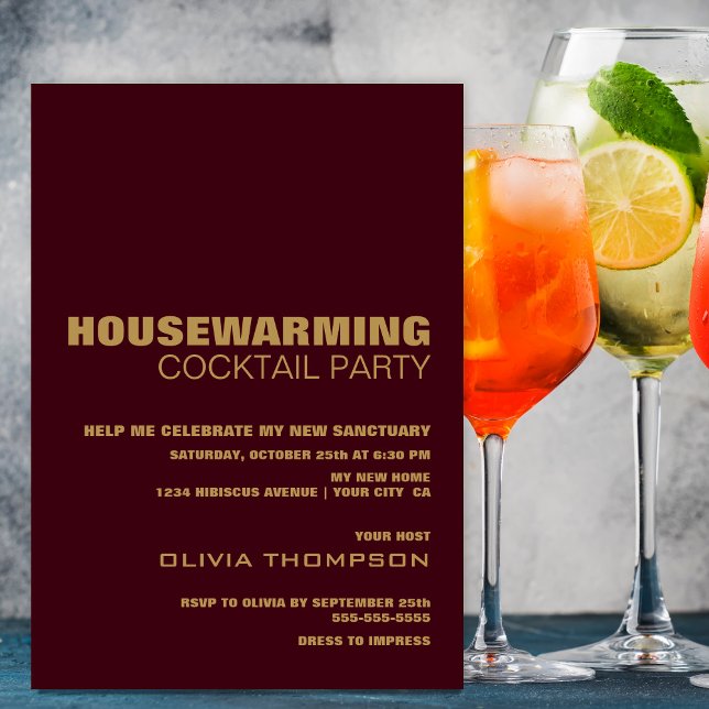 Burgundy Gold Housewarming Cocktail Party Invitation (Creator Uploaded)