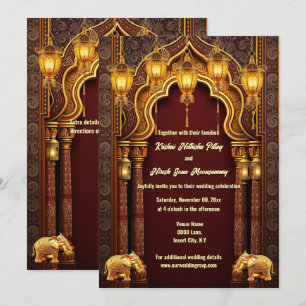 Burgundy gold Indian elephants Hindi temple arch Invitation
