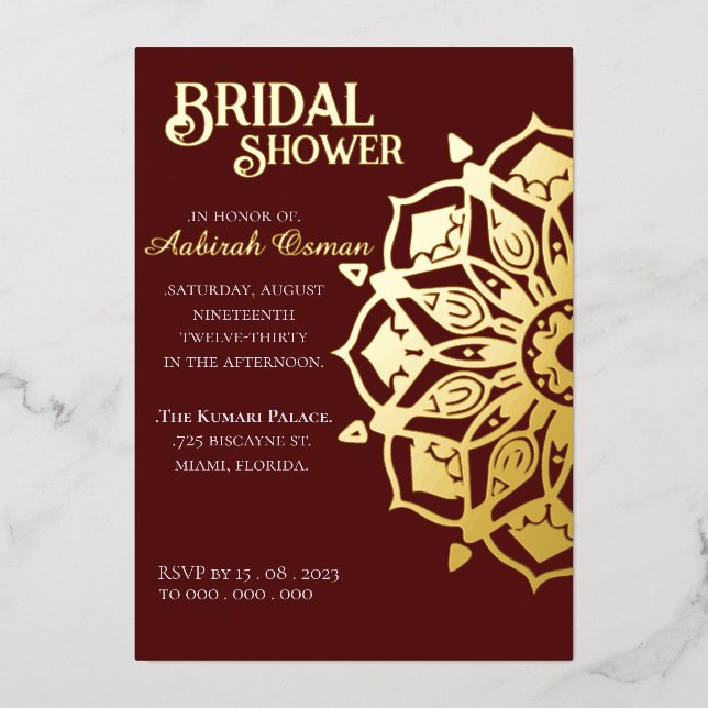 Burgundy Gold Indian Henna Mandala Bridal Shower  (Front)