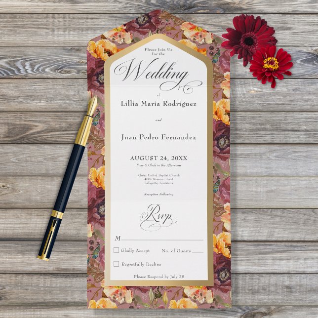 Burgundy & Gold Jewel Floral Gold Frame No Dinner All In One Invitation (Creator Uploaded)
