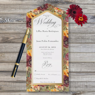 Burgundy & Gold Jewel Floral Green No Dinner All In One Invitation