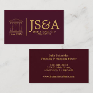 Burgundy Gold Justice Columns Law Firm Business Card