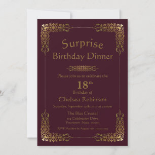 Burgundy Gold Lace Surprise 18th Birthday Dinner Invitation