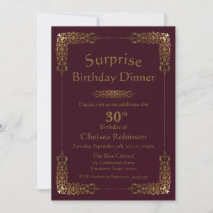 Burgundy Gold Lace Surprise 30th Birthday Dinner Invitation