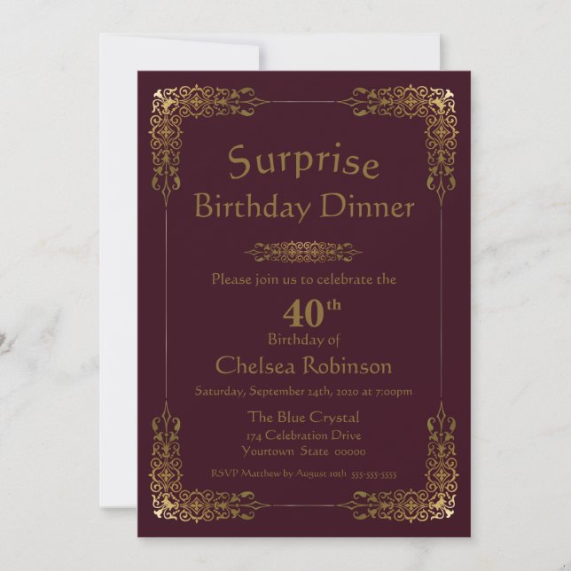 Burgundy Gold Lace Surprise 40th Birthday Dinner Invitation (Front)