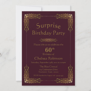 Burgundy Gold Lace Surprise 60th Birthday Party Invitation
