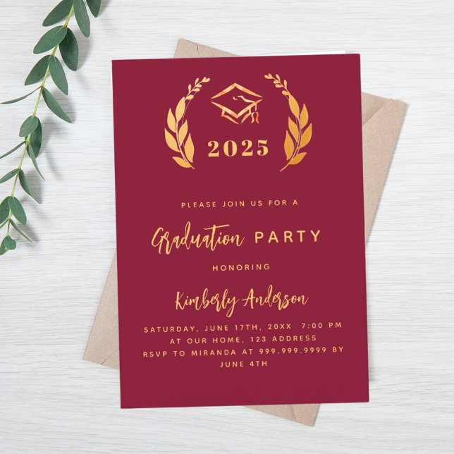 Burgundy gold laurel wreath 2025 Graduation Party Invitation (Creator Uploaded)