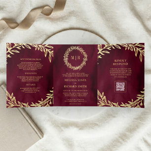 Burgundy Gold Leaf Branch QR Code Wedding Tri-Fold Invitation